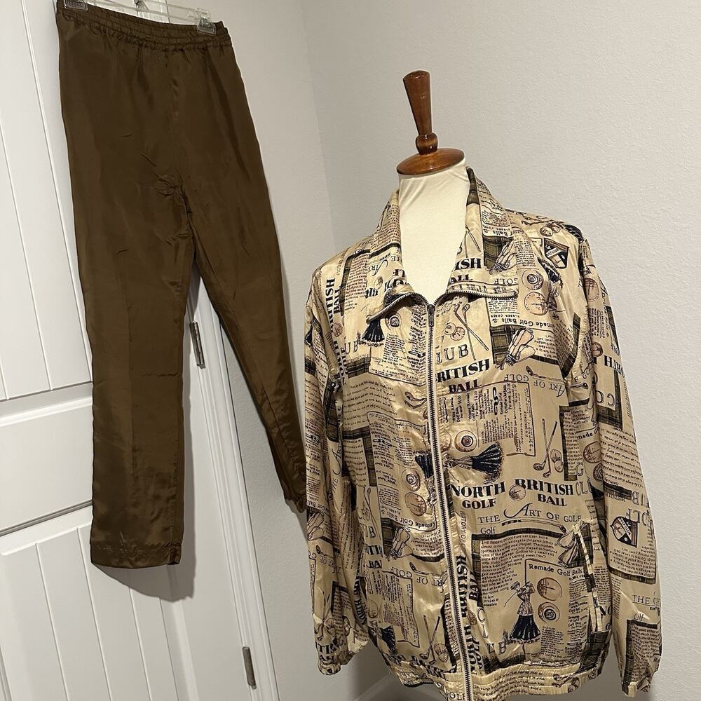 Vintage Silk Golf Novelty Print Track Suit Co Ord Set 90s Sporty Athleisure Tan